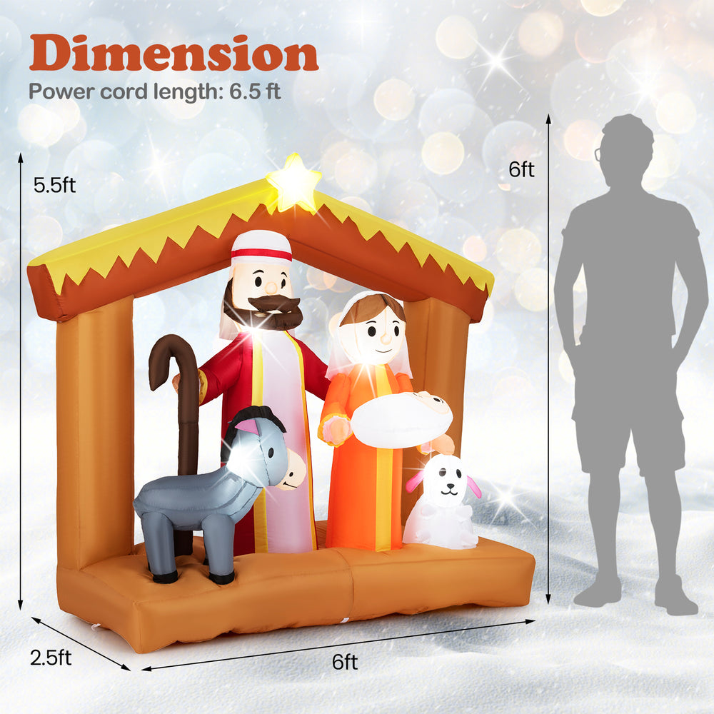 6-foot Christmas inflatable nativity scene with LED lights, featuring Mary, Joseph, and animals for outdoor decoration.