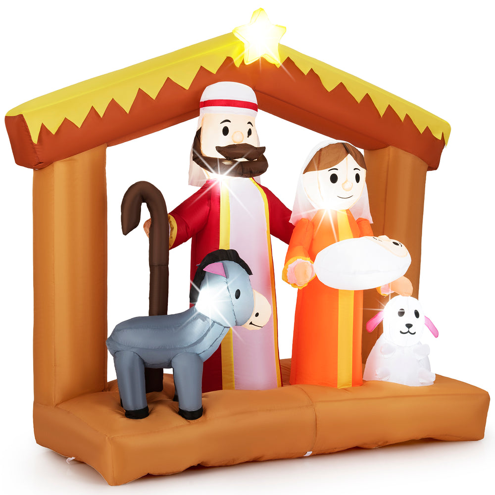 Inflatable 6-foot nativity scene with LED lights, featuring Mary, Joseph, a donkey, and a lamb for outdoor decoration.