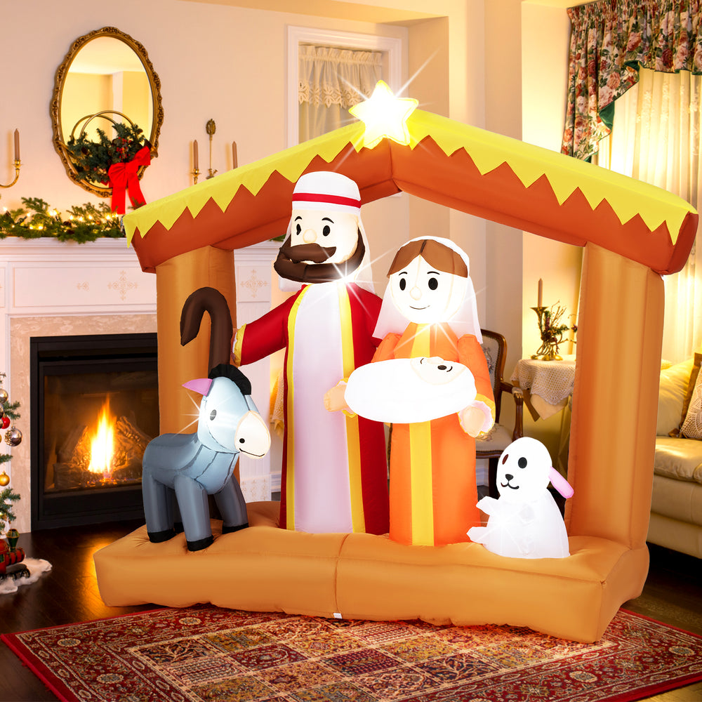 Inflatable 6-foot Christmas nativity scene with LED lights, featuring Mary, Joseph, and animals, perfect for outdoor.