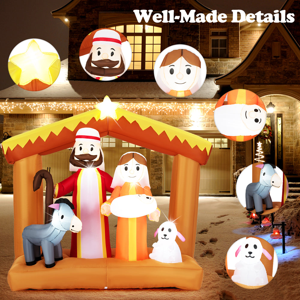 Close-up of the 6-foot Christmas inflatable nativity scene, showcasing well-made details and vibrant LED lights for.