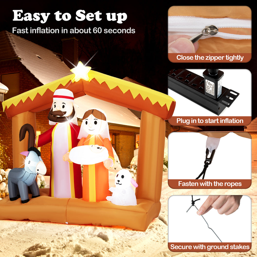 6 feet Christmas inflatable nativity scene with LED lights, easy setup, weather-resistant fabric for outdoor decoration.