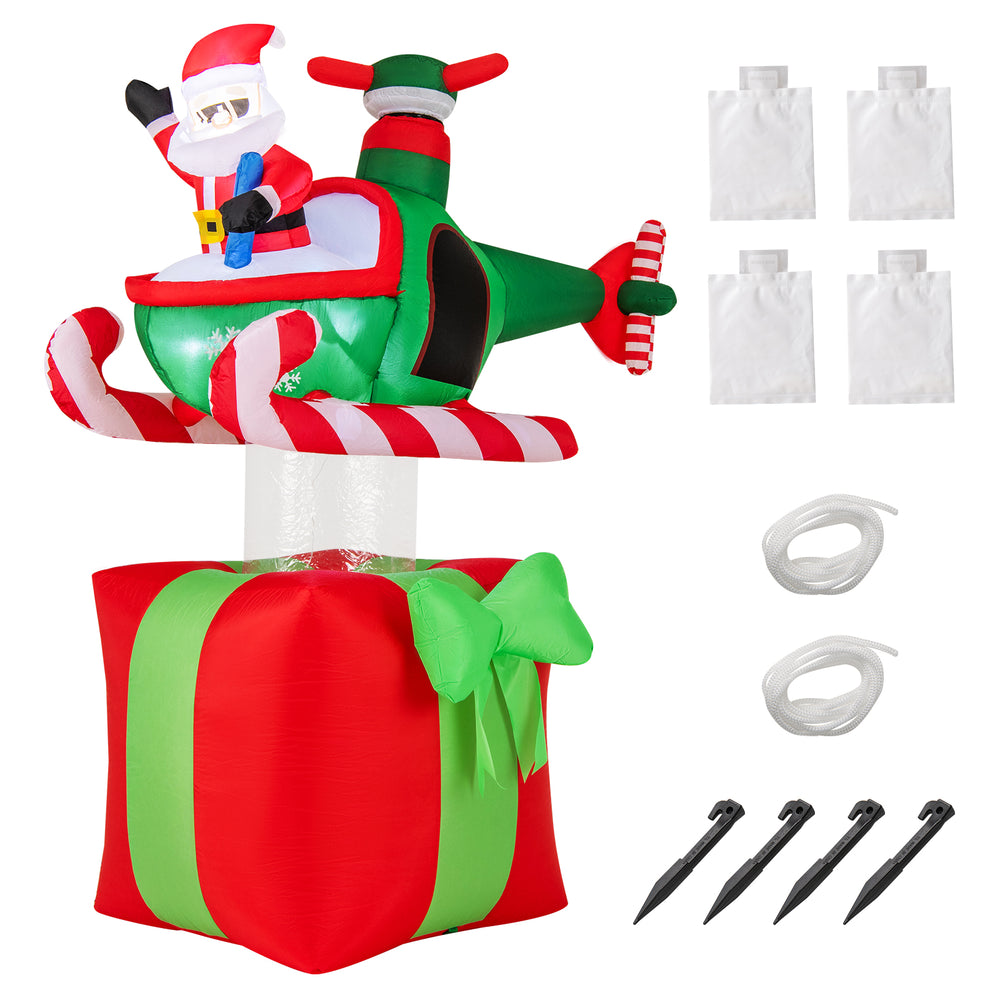Santa Claus in a helicopter atop a large red gift, featuring 3 LED lights and a built-in blower for festive outdoor.