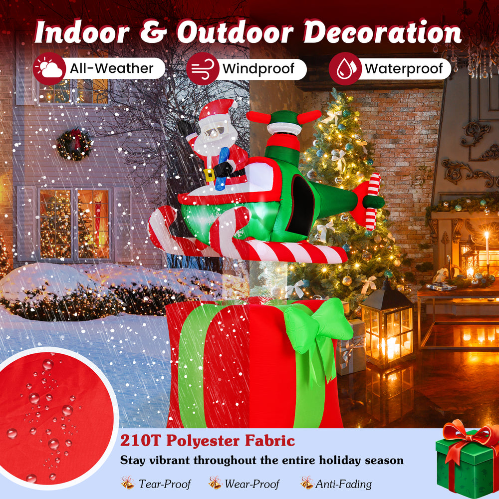 Santa Claus in a 6-foot inflatable airplane with LED lights, made of all-weather polyester for outdoor holiday decor.