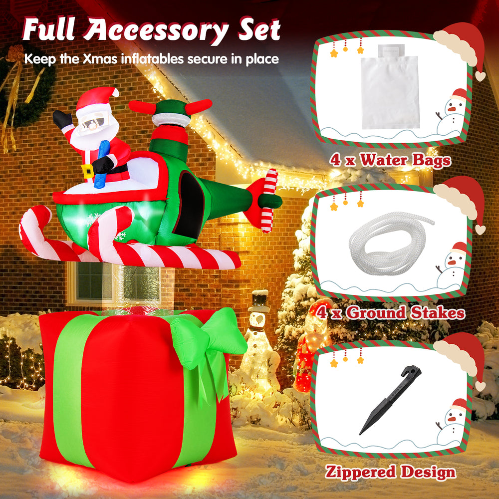 6 feet Christmas inflatable featuring Santa in a helicopter, with LED lights and accessories for secure outdoor display.