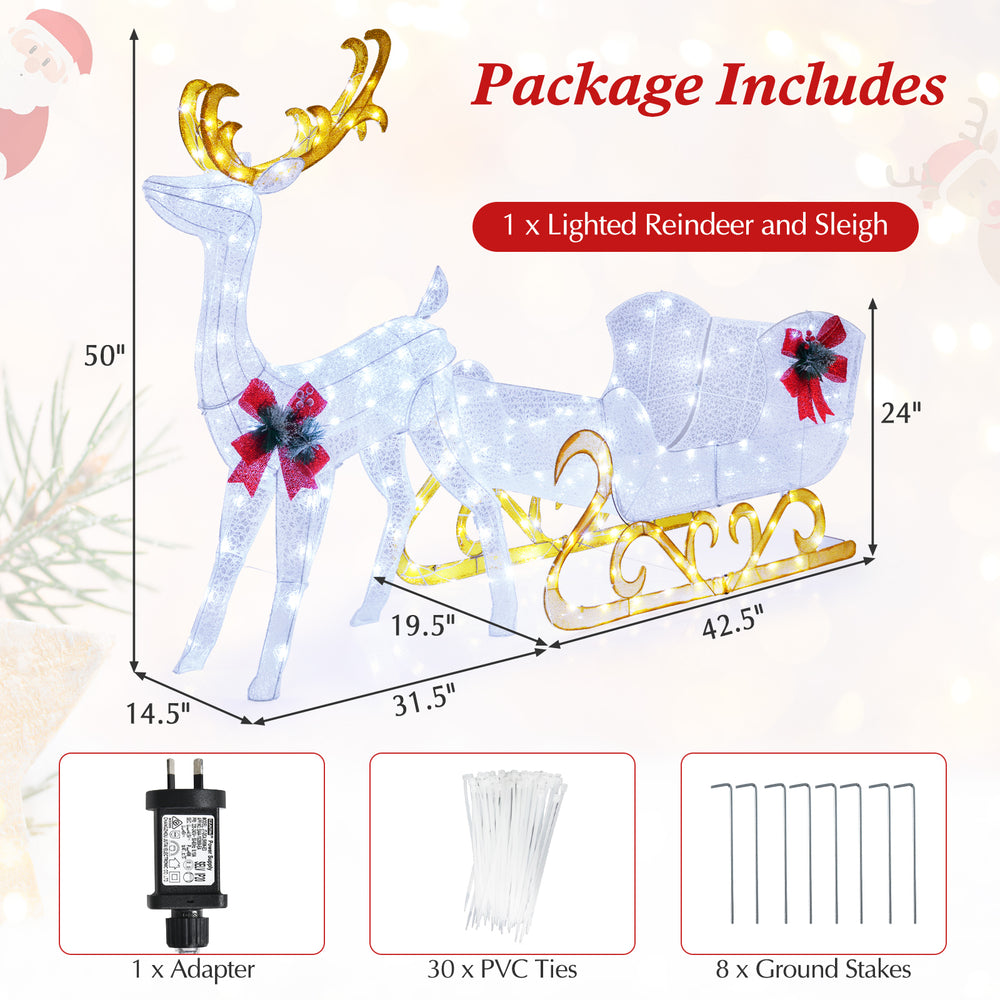 Lighted reindeer and Santa's sleigh decoration with 215 LED lights, perfect for outdoor Christmas displays.