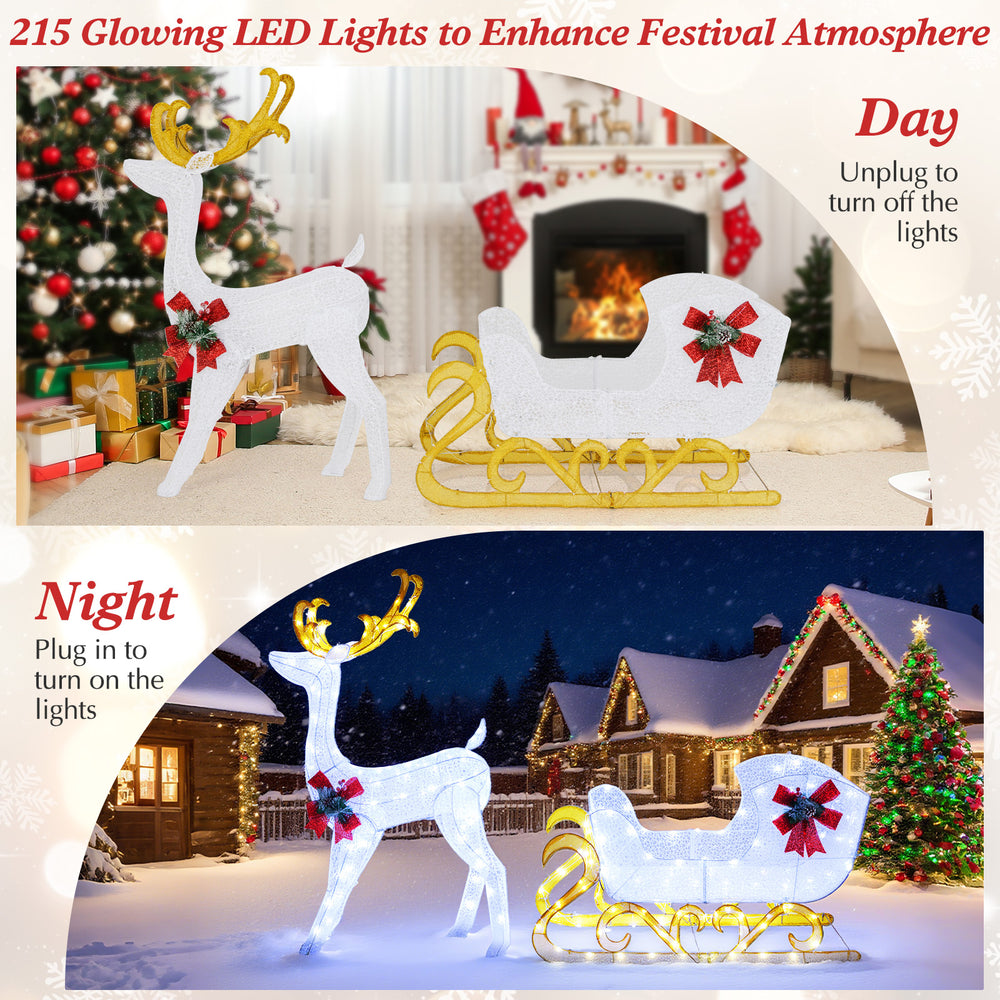 Glowing 6-foot reindeer pulling a sleigh with festive bows, adorned with 215 LED lights for bright Christmas cheer.