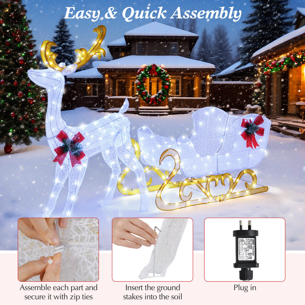 Close-up of 6 feet lighted reindeer and sleigh with bows, featuring 215 LED lights for a bright Christmas decoration.