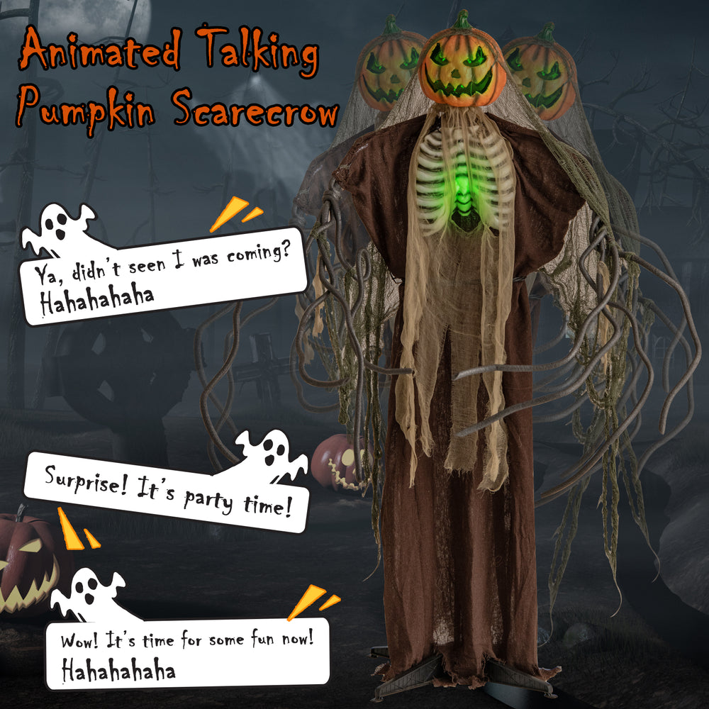 Life-sized animated Halloween scarecrow with glowing ribs, moving head, and eerie sounds for a spooky atmosphere.