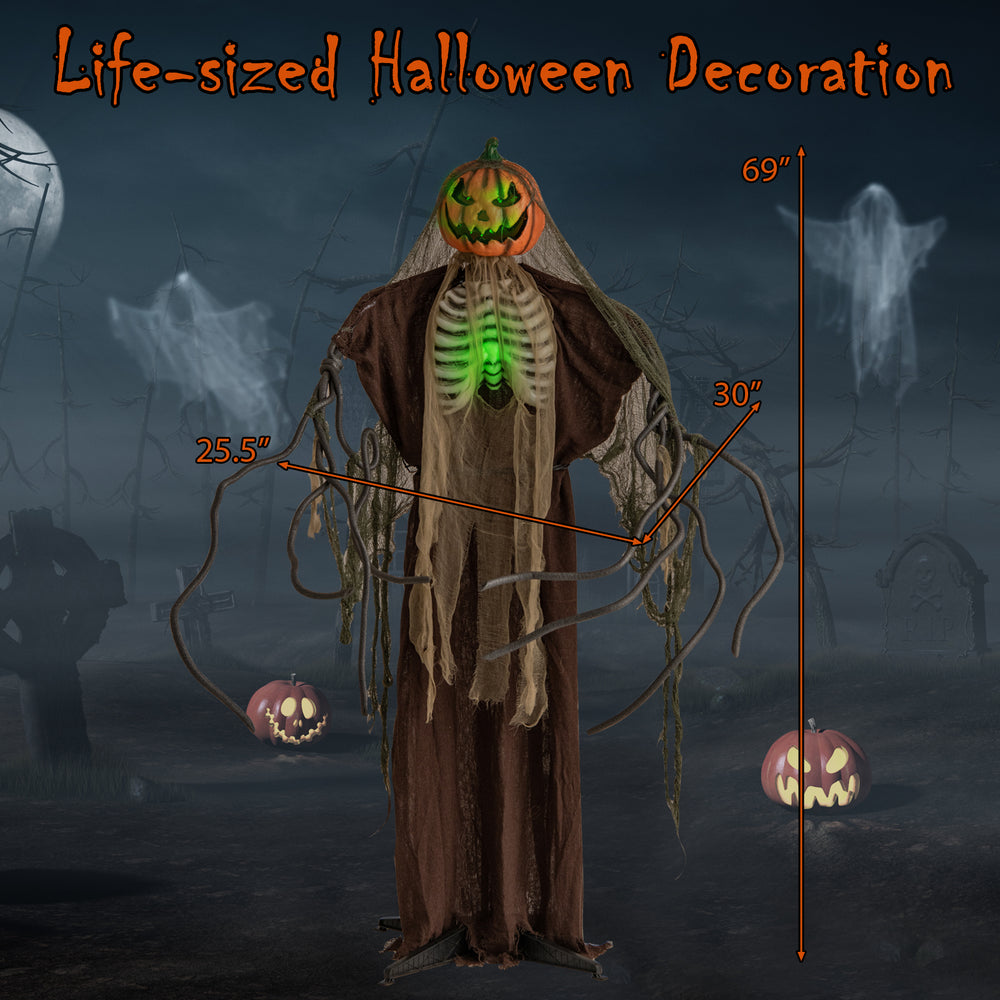 Life-sized Halloween animatronic ghost pumpkin with glowing ribs, moving head, and sound activation for spooky decor.