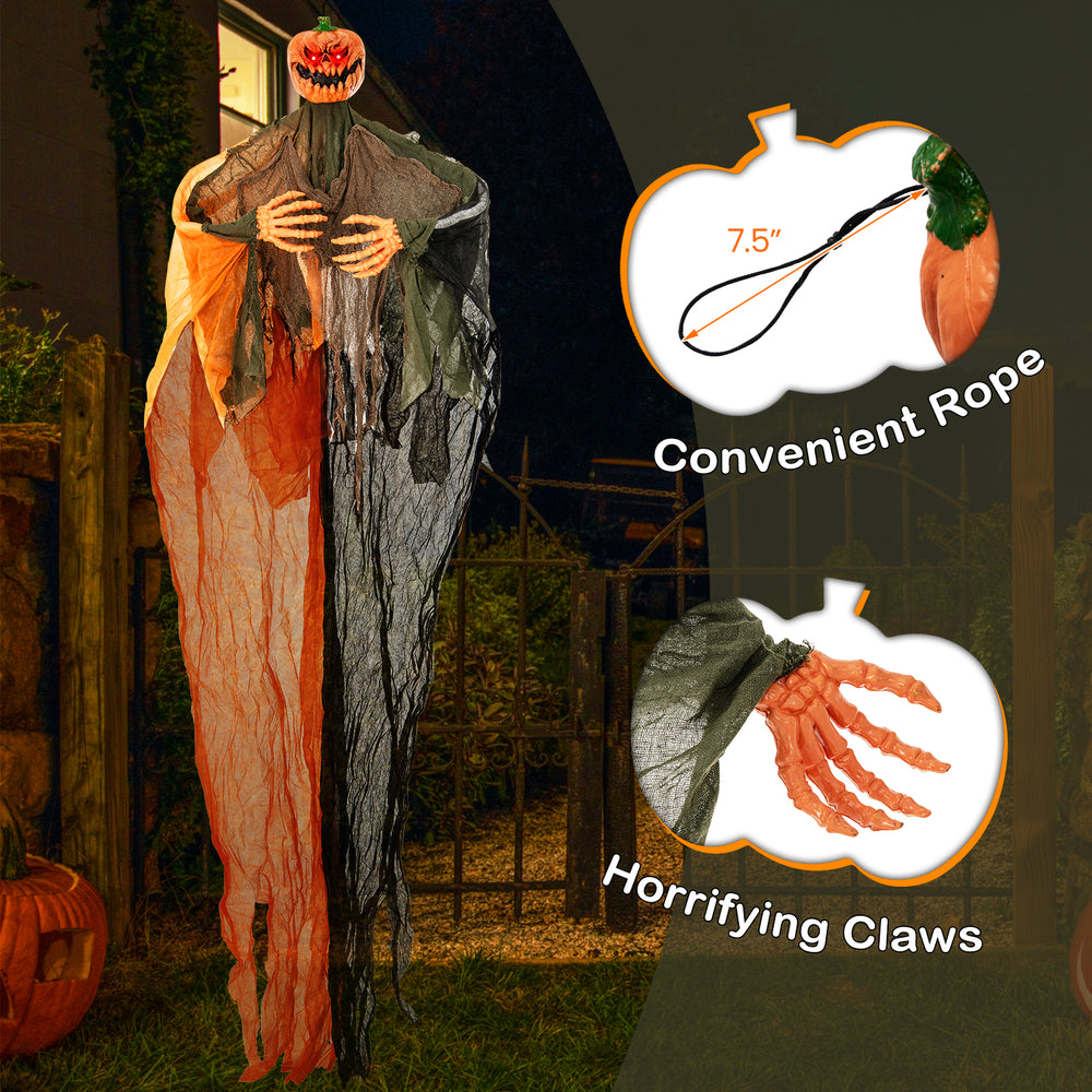 6-foot hanging pumpkin ghost with red glowing eyes, poseable arms, and horrifying claws for spooky Halloween decor.