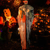 6 feet hanging pumpkin ghost with red glowing eyes, poseable arms, and flowing robe for spooky Halloween decor.