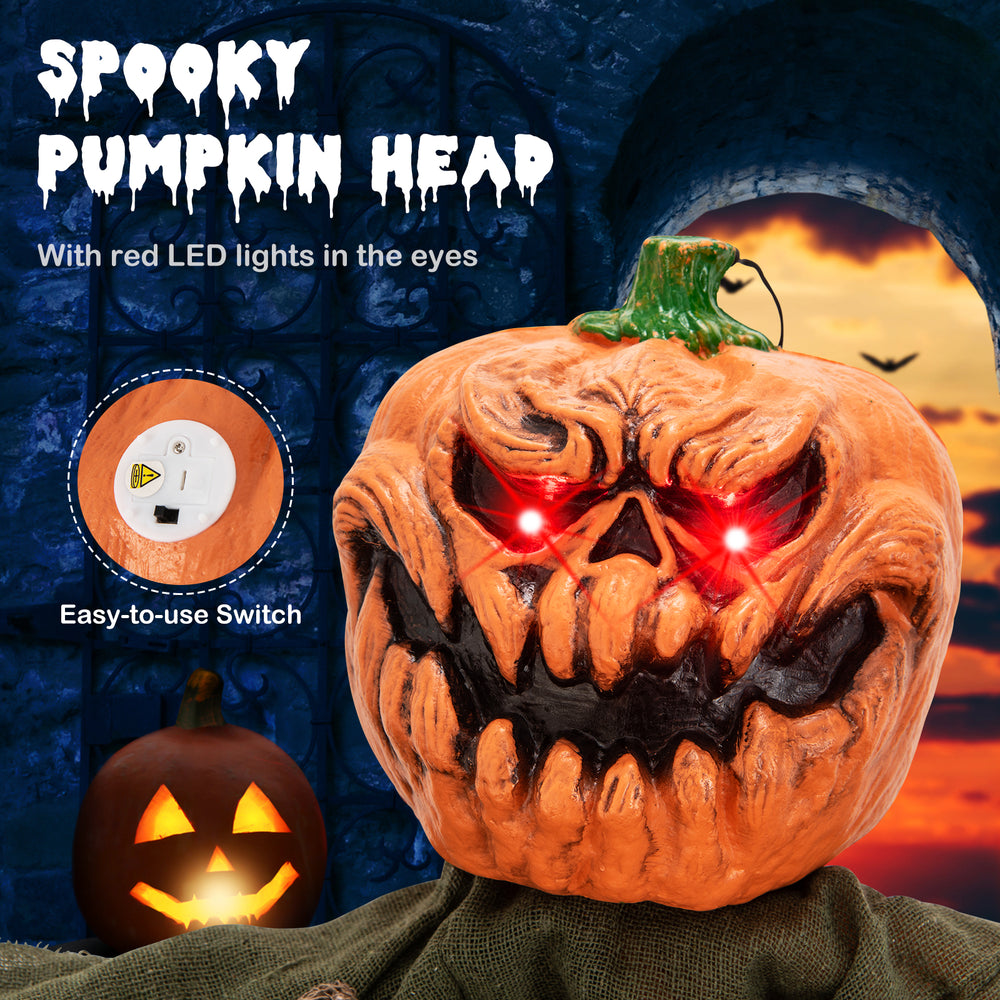 Spooky pumpkin head with red LED eyes and poseable arms, perfect for creating an eerie atmosphere indoors or outdoors.