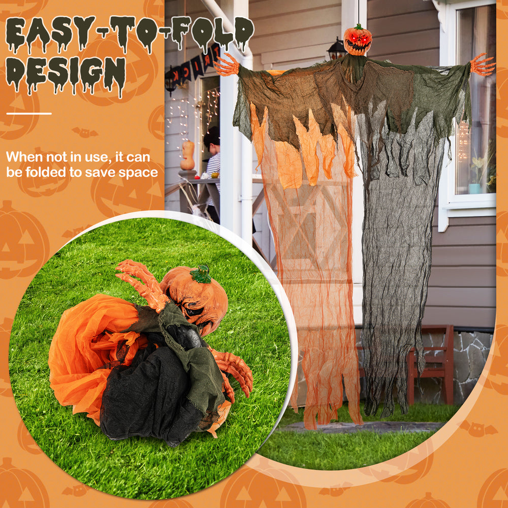 6 feet hanging pumpkin ghost with red glowing eyes, poseable arms, and flowing robe for spooky indoor or outdoor decor.