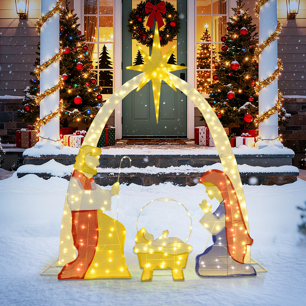 Lighted nativity scene featuring Mary, Joseph, and Baby Jesus with 240 warm white LEDs for outdoor holiday decor.