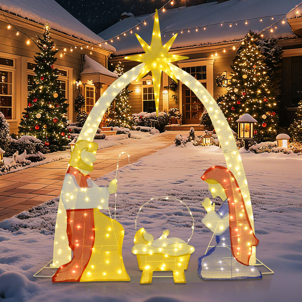6 feet lighted nativity scene with Mary, Joseph, and Baby Jesus under a star, illuminated by 240 warm white LEDs for.
