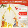 Lighted 6 feet nativity scene featuring Mary, Joseph, and Baby Jesus with 240 warm white LED lights for outdoor display.