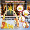 Lighted nativity scene featuring Mary, Joseph, and Baby Jesus with 240 warm white LEDs for festive outdoor decoration.