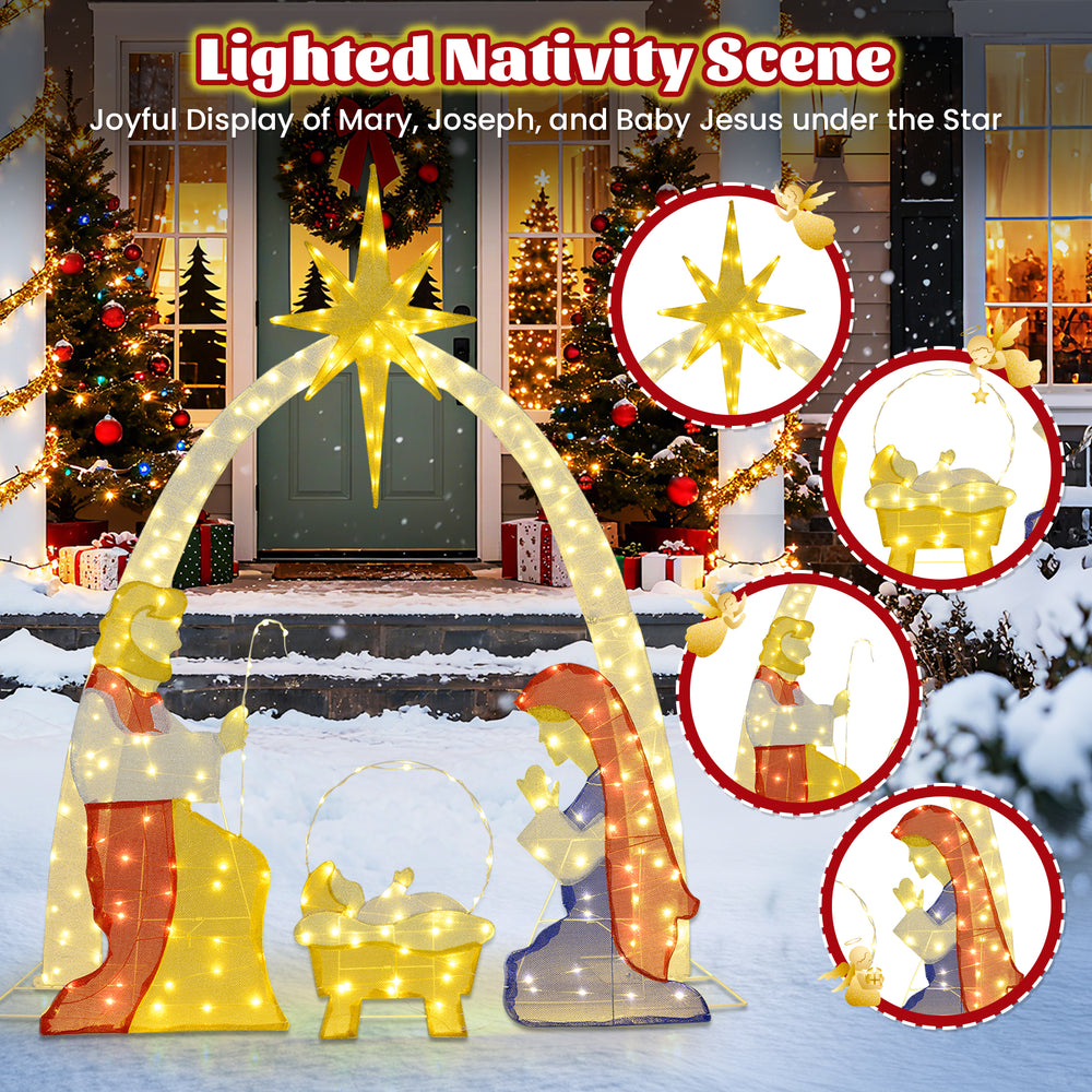 Lighted nativity scene featuring Mary, Joseph, and Baby Jesus with 240 warm white LEDs for festive outdoor decoration.