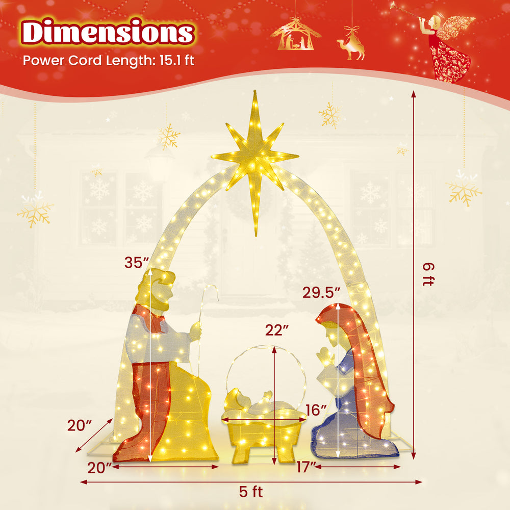 Dimensions of the 6 feet lighted nativity scene with 240 warm white LEDs, showcasing height, width, and power cord.