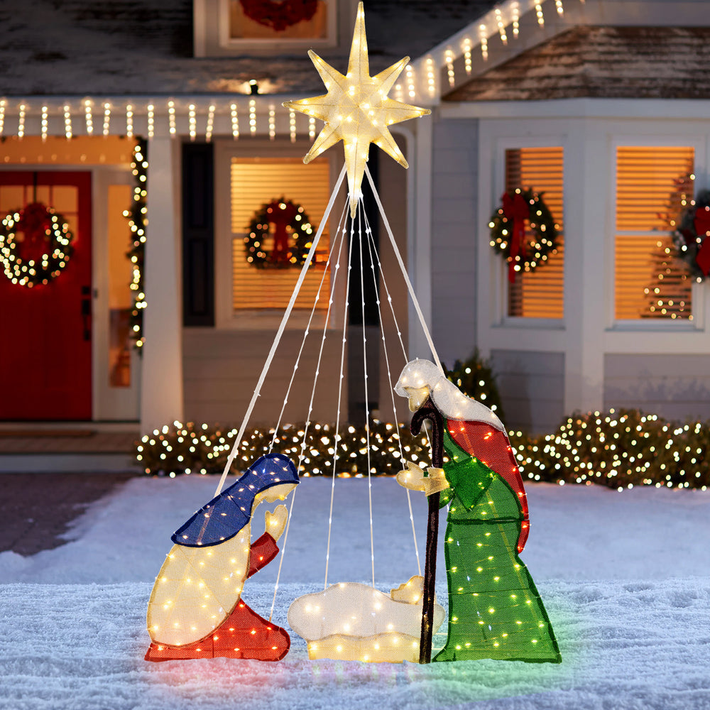 Close-up of the 6 feet lighted nativity scene's sturdy metal frame and bright 240 LED lights, perfect for outdoor.
