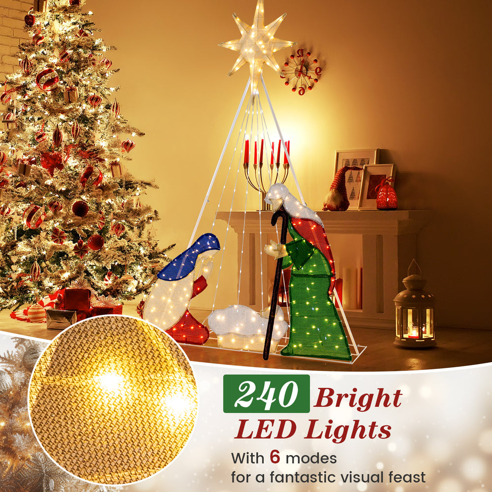 Lighted nativity scene featuring Jesus, Mary, and Joseph with 240 LED lights, ideal for Christmas outdoor decoration.