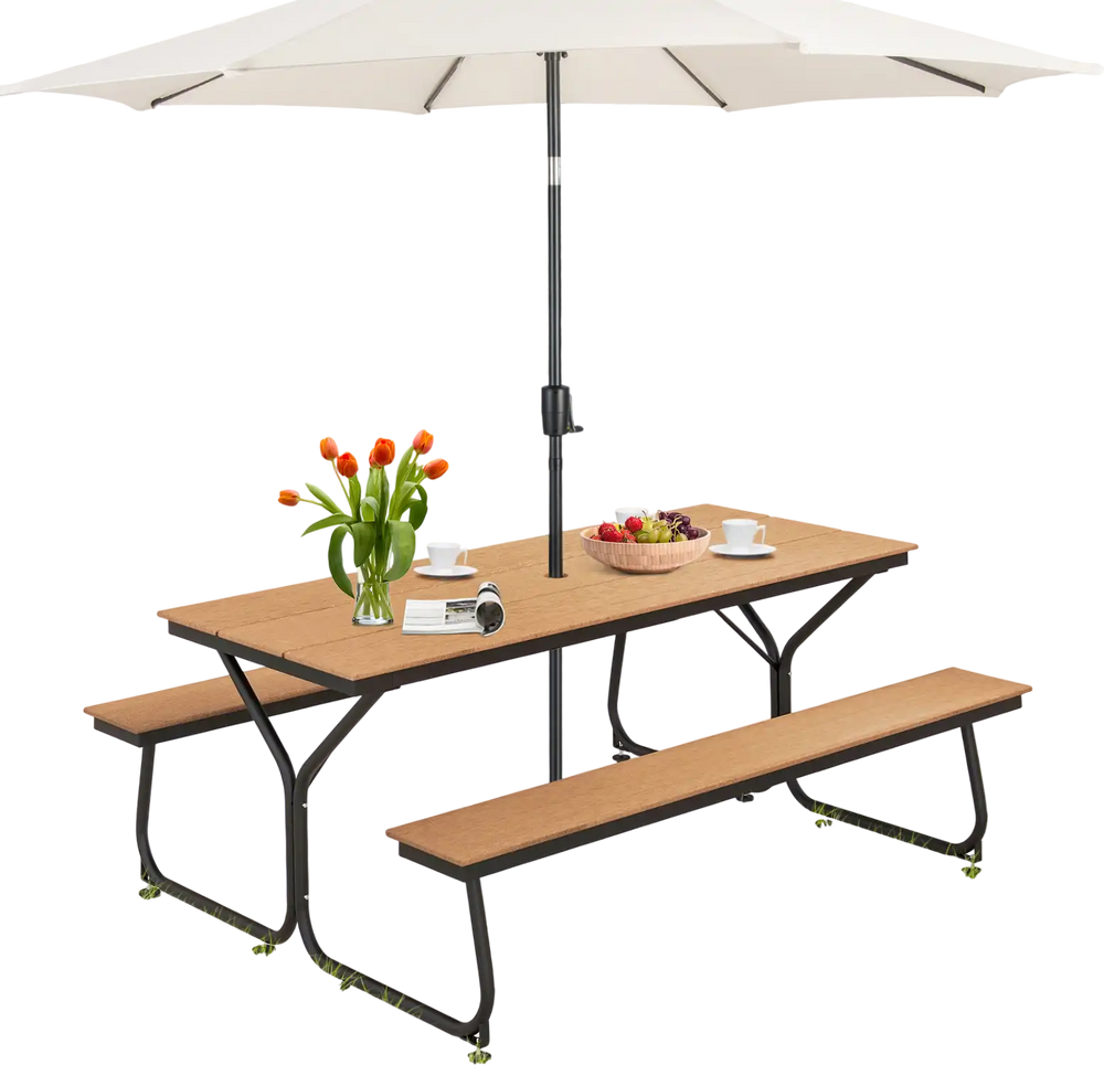 Outdoor picnic table bench set in brown with umbrella, seating 6-8 people, ideal for garden or patio use.