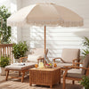 6 feet patio umbrella with fringe, wood pole, and push button tilt, providing stylish shade for outdoor relaxation.