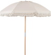 6 feet white patio umbrella with fringe, wood pole, and push button tilt for adjustable shade and coastal charm.