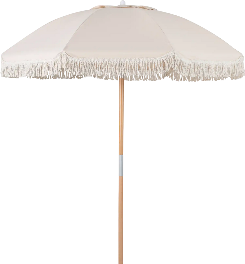 6 feet white patio umbrella with fringe, wood pole, and push button tilt for adjustable shade and coastal charm.