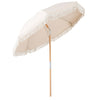 Side view of the 6 feet white patio umbrella with fringe and wood pole, showcasing its elegant design for outdoor.