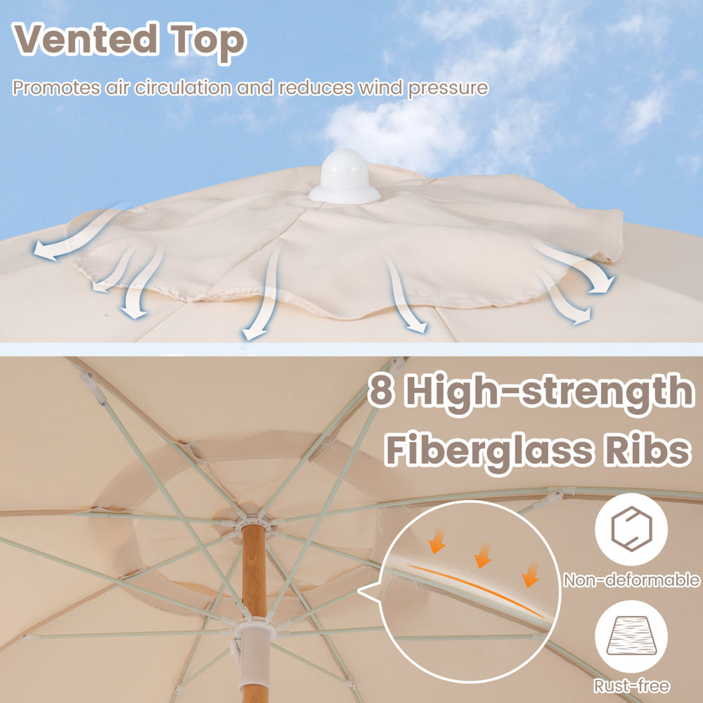 Vented top of the 6 feet patio umbrella with 8 fiberglass ribs, promoting air circulation and reducing wind pressure.