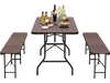 6 feet folding table with wood grain HDPE tabletop and metal legs, ideal for outdoor picnics and gatherings.