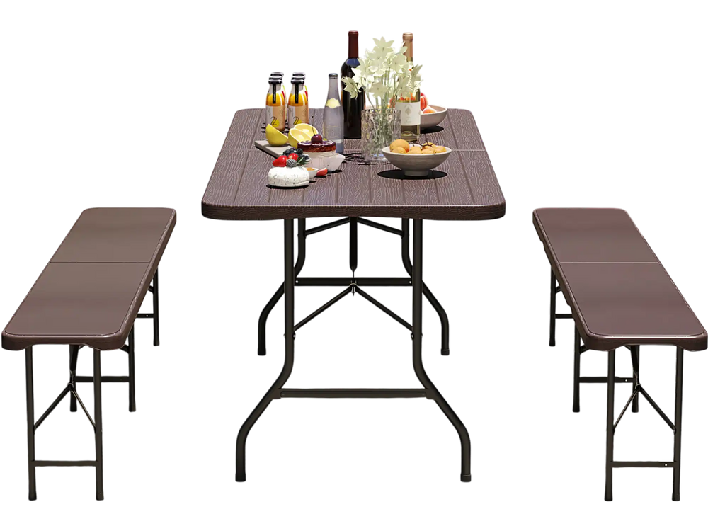 6 feet folding table with wood grain HDPE tabletop and metal legs, ideal for outdoor picnics and gatherings.