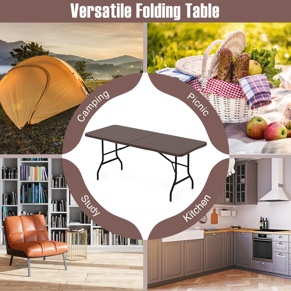 6 feet folding table with wood grain HDPE tabletop, ideal for camping, picnics, and indoor use, featuring a safe lock.