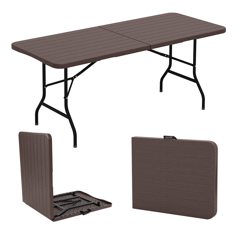6 feet folding table with wood grain HDPE tabletop, featuring a safe lock mechanism, ideal for outdoor picnics and.