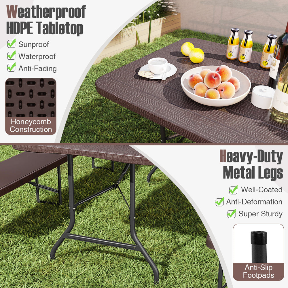 6 feet folding table with wood grain HDPE tabletop, honeycomb construction, and heavy-duty metal legs for outdoor use.
