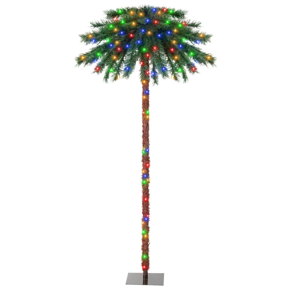 6-foot pre-lit artificial tropical Christmas palm tree with realistic trunk and 210 multi-color lights for vibrant holiday display.
