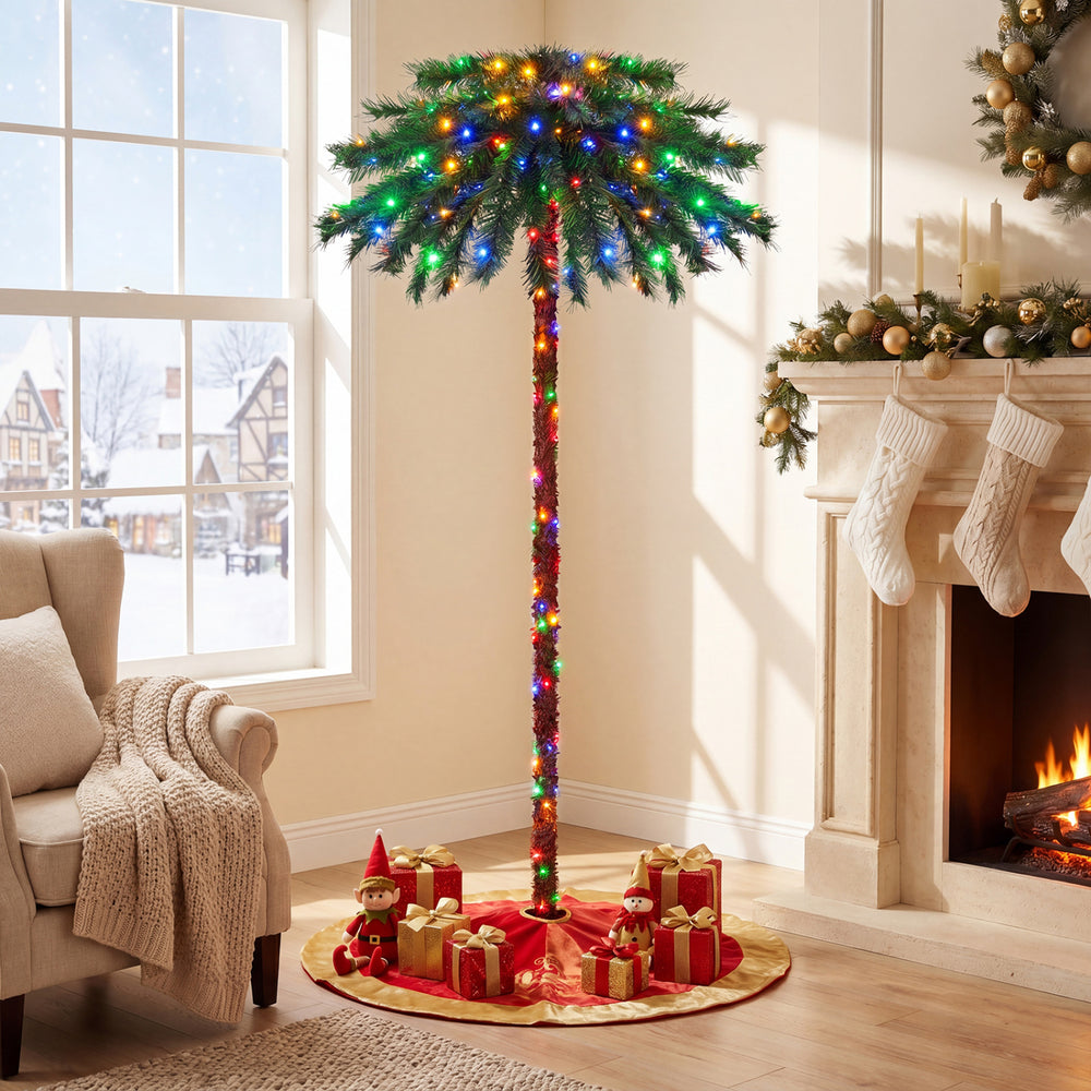 6-foot pre-lit artificial tropical Christmas palm tree with 210 multi-color lights, perfect for festive corner decoration.