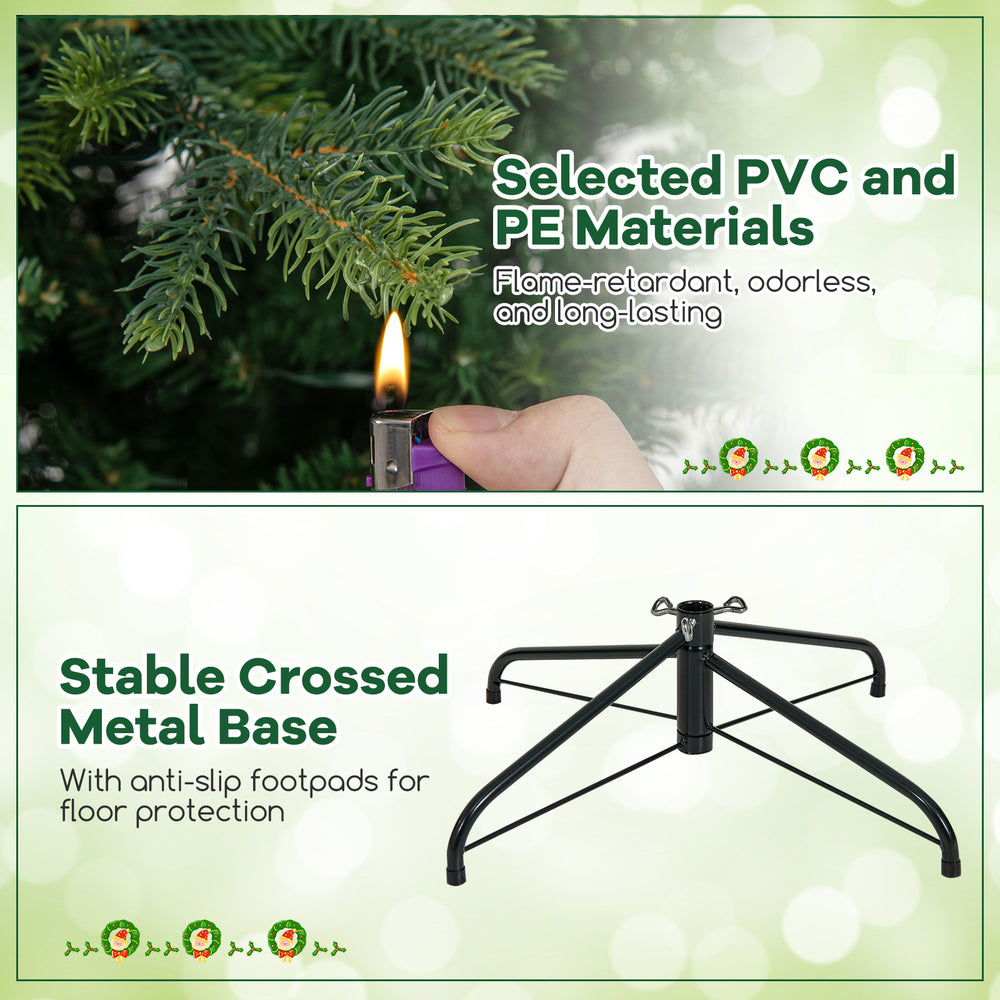 Close-up of the crossed metal base of a 6 feet pre-lit artificial Christmas tree with anti-slip footpads for stability.