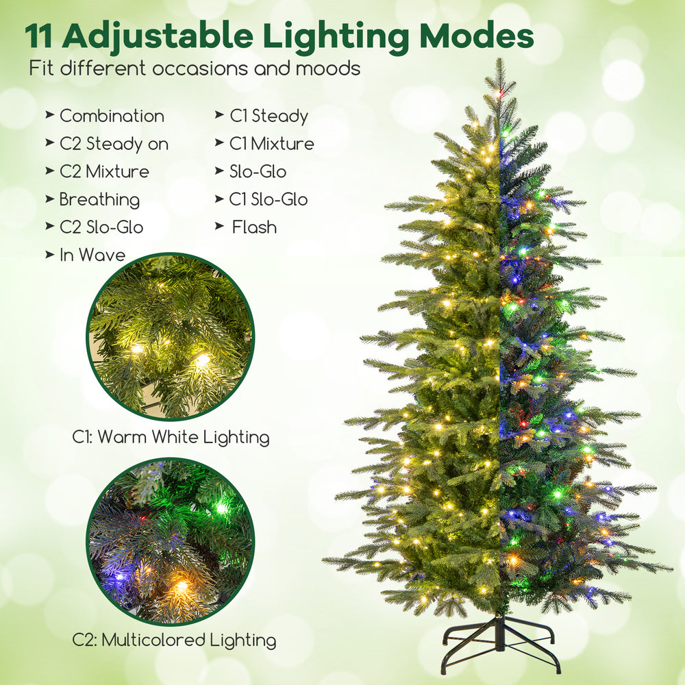6 feet pre-lit artificial Christmas tree with warm white LED lights, featuring 11 adjustable lighting modes for festive.