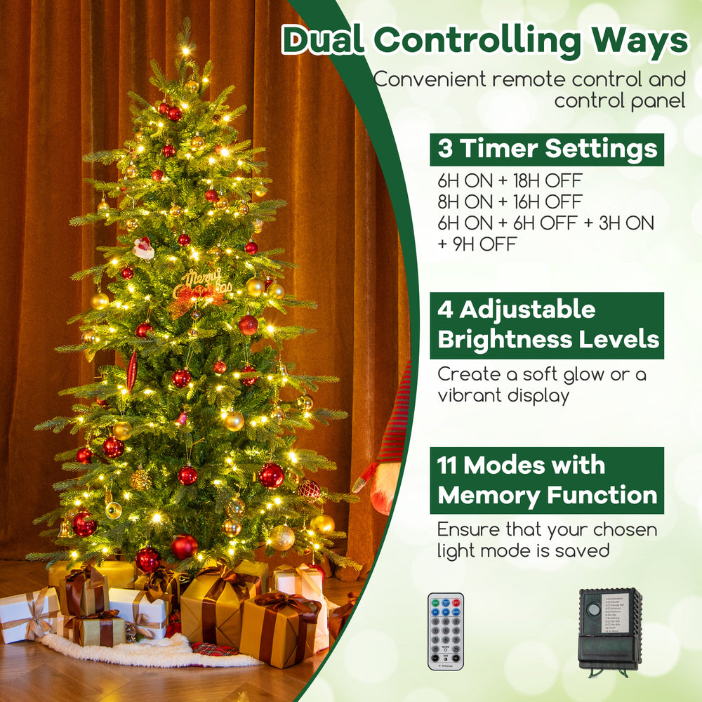 6 feet pre-lit artificial Christmas tree with warm white LED lights, featuring 714 branch tips and adjustable.