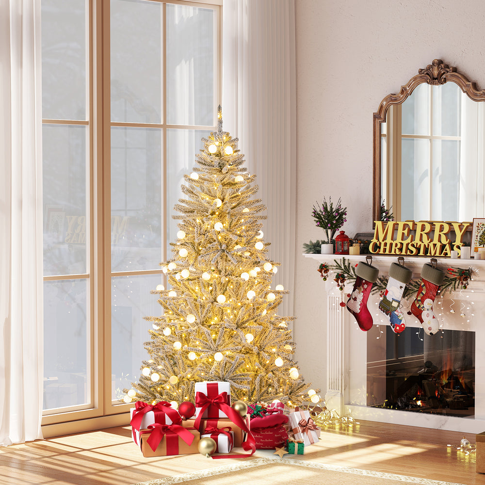 6 Feet Snow-flocked Artificial Christmas Tree Pre-lit Hinged with 81 Sphere Lights and Remote - Gallery View 1 of 11