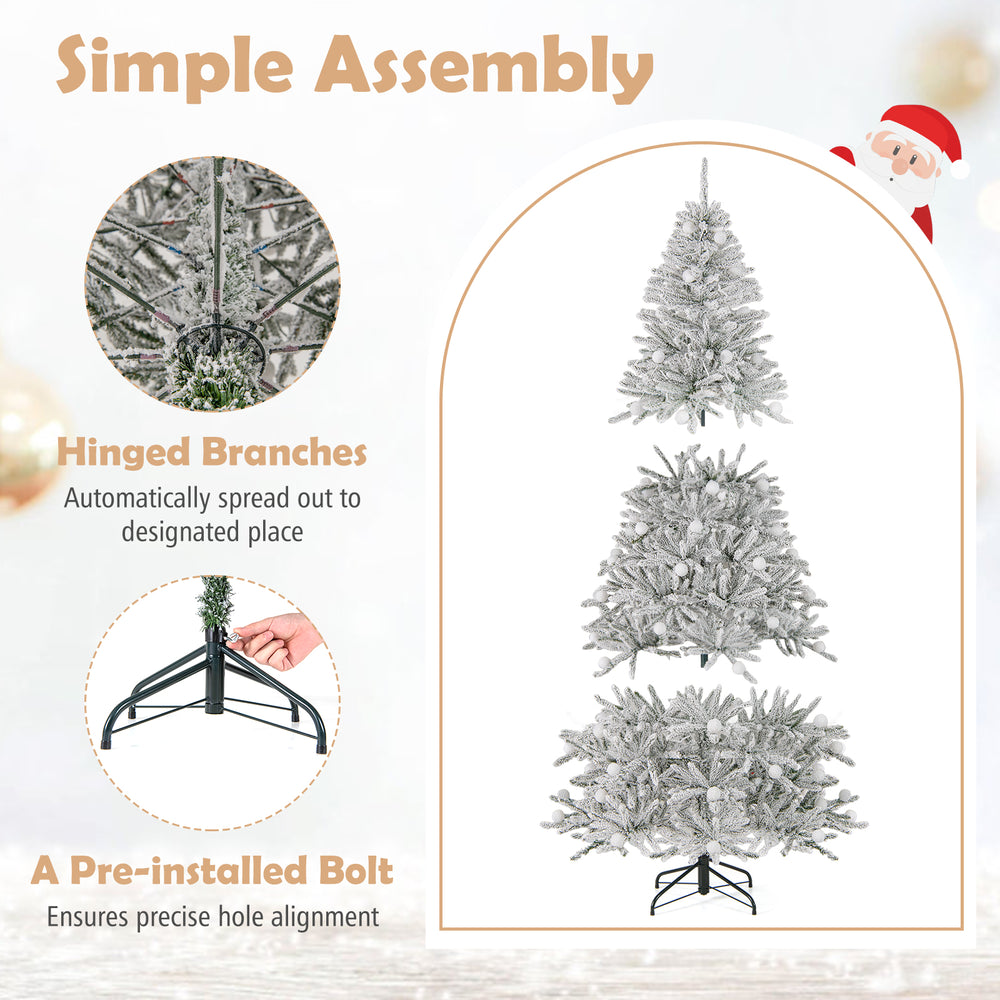 6 feet snow-flocked artificial Christmas tree with hinged branches, pre-lit with 81 sphere lights for festive.
