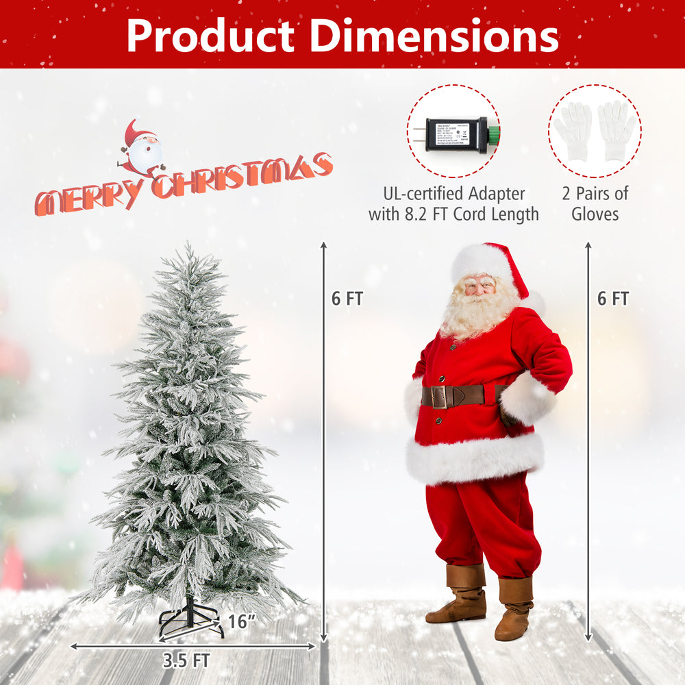 6-foot snow-flocked artificial Christmas tree with warm white LED lights, featuring a hinged design for easy assembly.