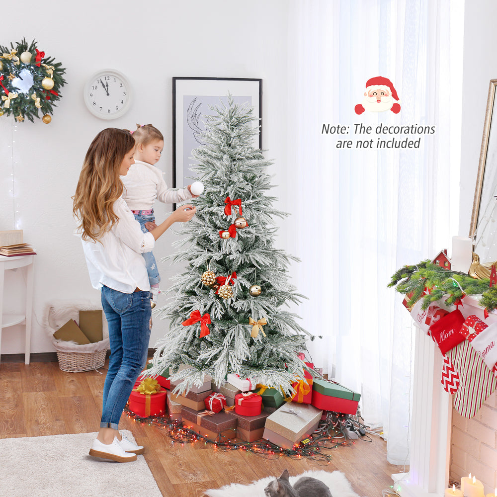 Snow-flocked 6 feet artificial Christmas tree with warm white LED lights, perfect for festive holiday decorations.