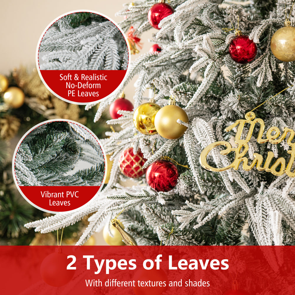 Snow-flocked branches of a 6-foot artificial Christmas tree showcasing realistic PE and vibrant PVC leaves for festive.