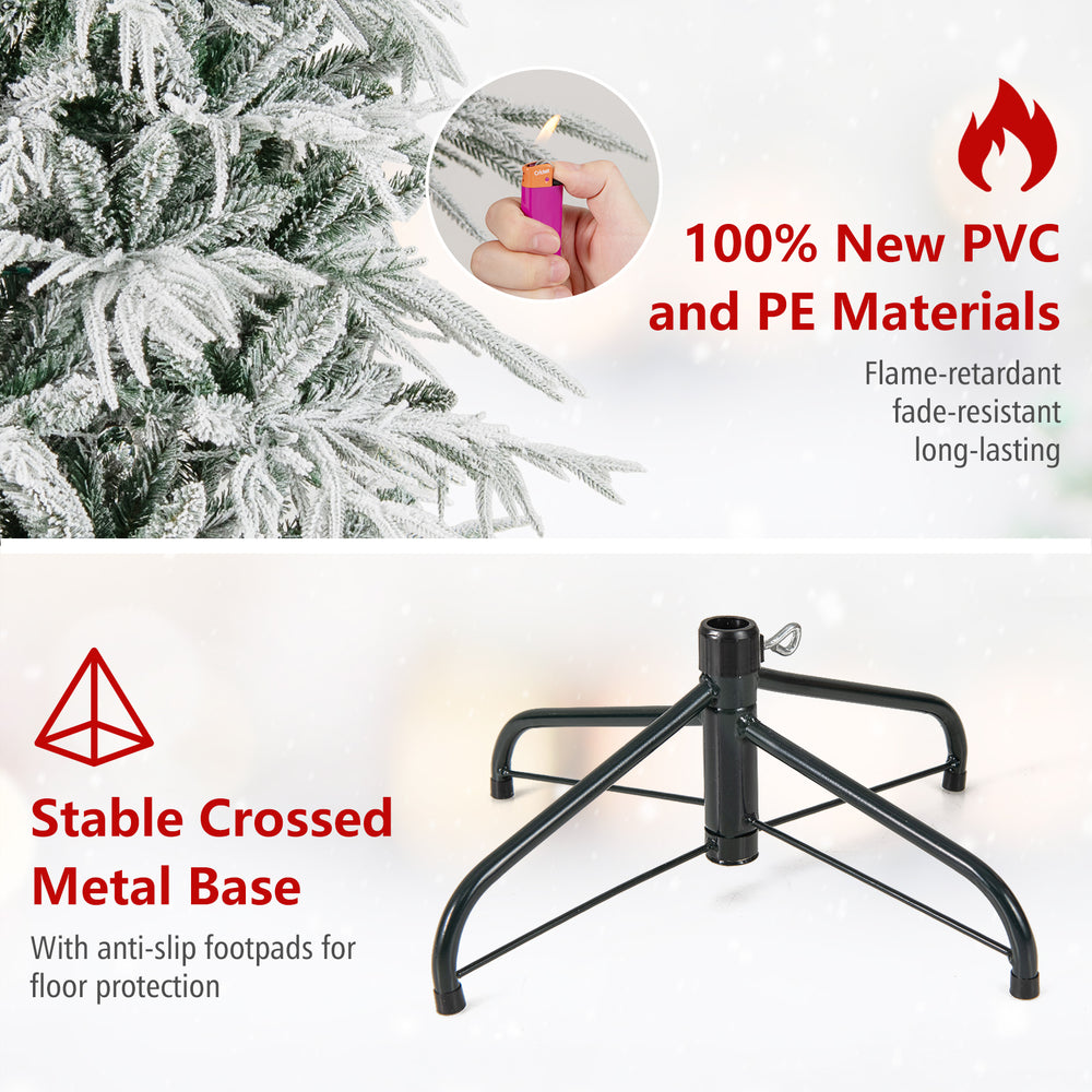 Snow-flocked branches of a 6-foot artificial Christmas tree with a stable metal base and warm white LED lights for.