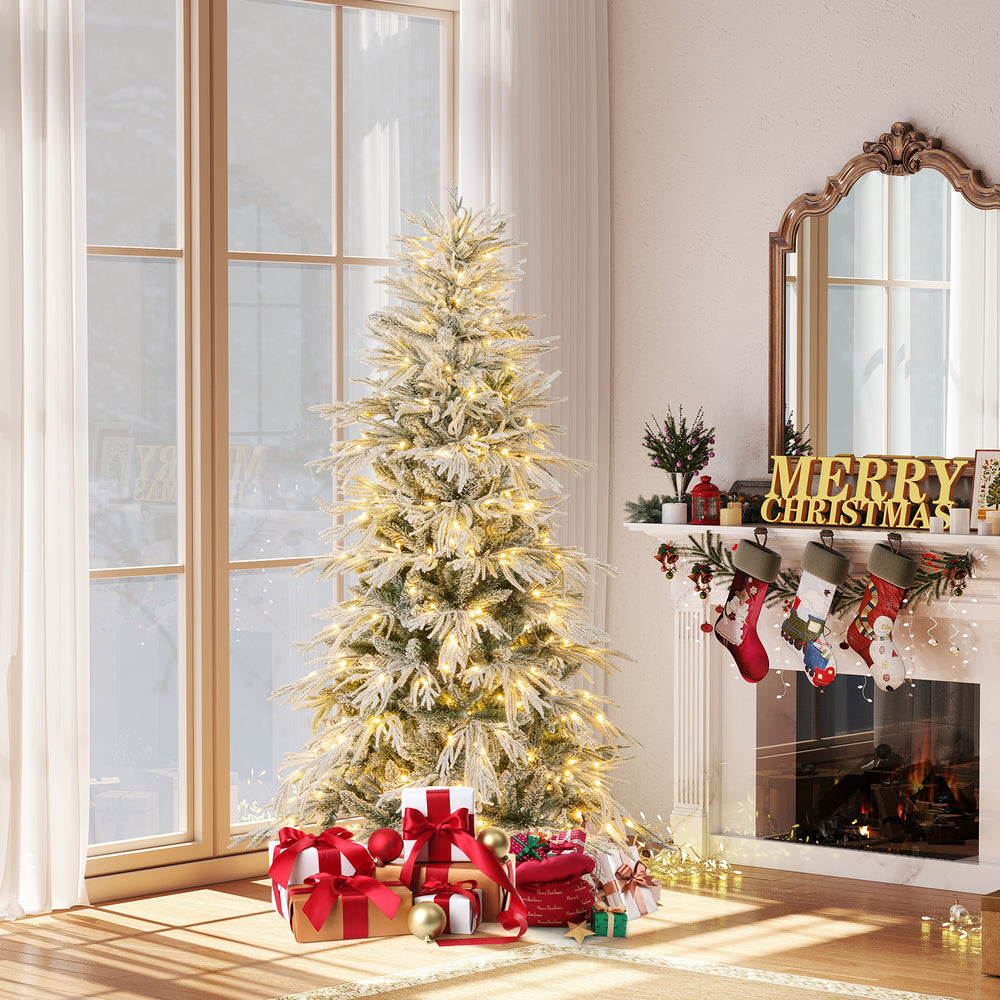 6 Feet Snow-flocked Artificial Christmas Tree Pre-lit Hinged Xmas Tree with Warm White LED Lights - Gallery View 1 of 10