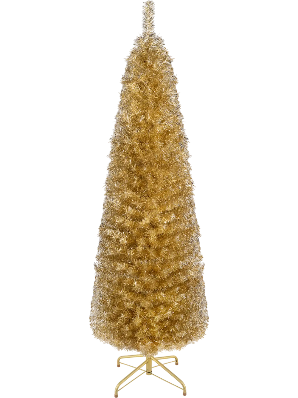 Slim pencil-shaped 6 feet yellow tinsel Christmas tree with 520 branch tips, perfect for narrow spaces and easy to decorate.