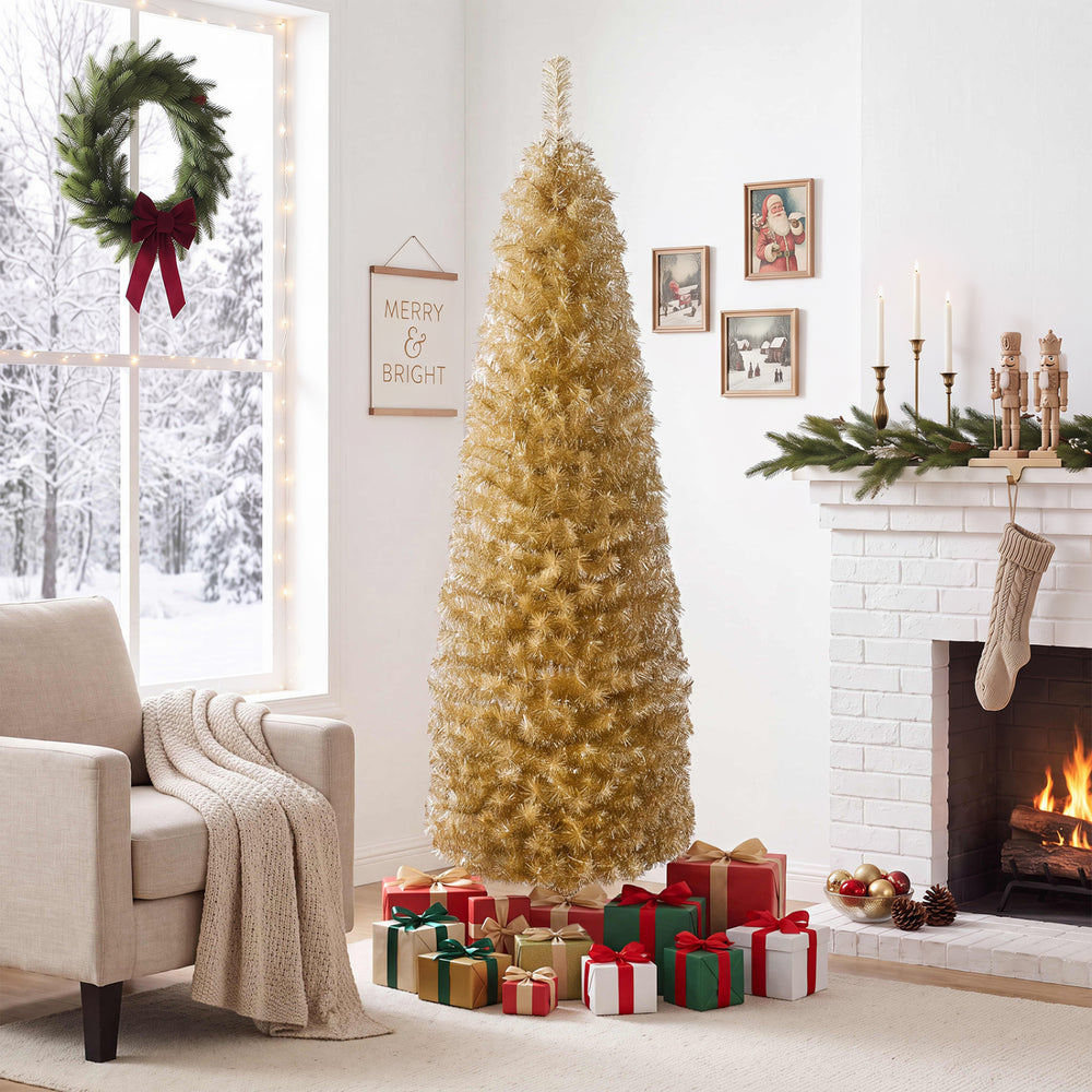 Stylish 6-foot yellow tinsel Christmas tree with a slim design, ideal for small spaces and festive holiday decorations.